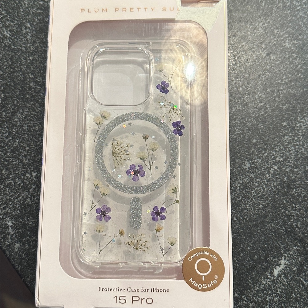 Plum Pretty Sugar iPhone 15 Pro Case - Silver and Purple Floral